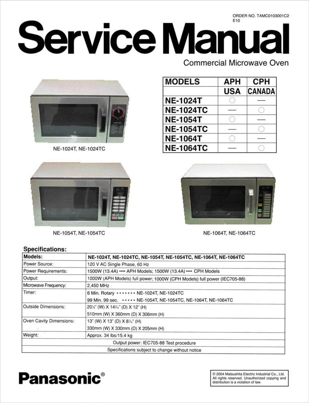 Panasonic NE-1054TC, NE-1064TC, NE-1024TC manual 