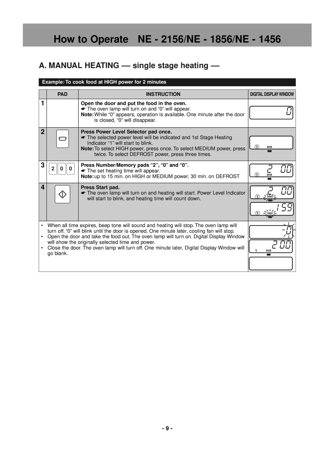 Panasonic NE-1856 How to Operate NE 2156/NE 1856/NE, Manual Heating -- single stage heating, Press Number/Memory pads 2, 0 