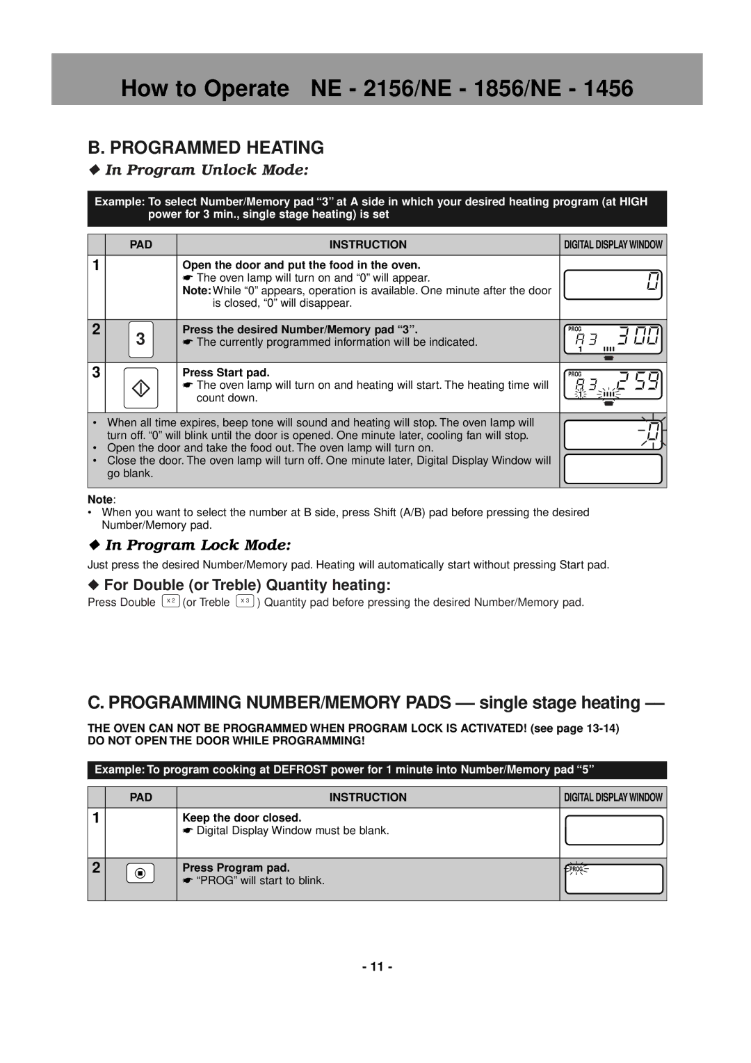 Panasonic NE-2146, NE-1856 Programmed Heating, Programming NUMBER/MEMORY Pads -- single stage heating, Program Unlock Mode 