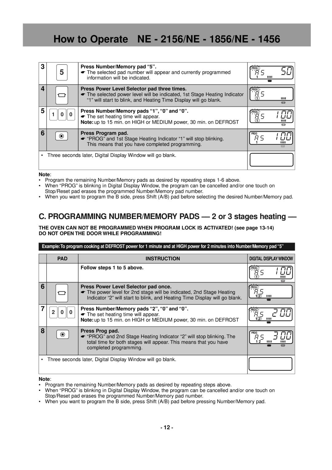 Panasonic NE-2156 Programming NUMBER/MEMORY Pads -- 2 or 3 stages heating, Press Number/Memory pad, Press Prog pad 