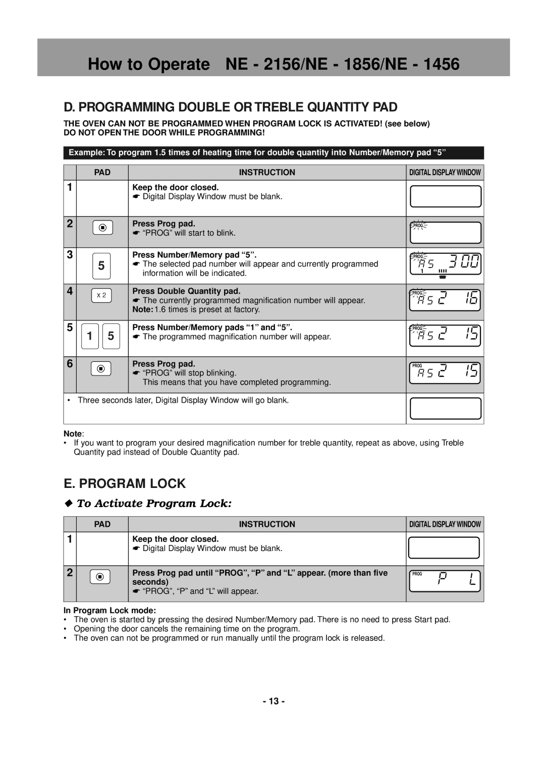 Panasonic NE-1456, NE-1856, NE-1846, NE-2146, NE-2156 Programming Double or Treble Quantity PAD, To Activate Program Lock 