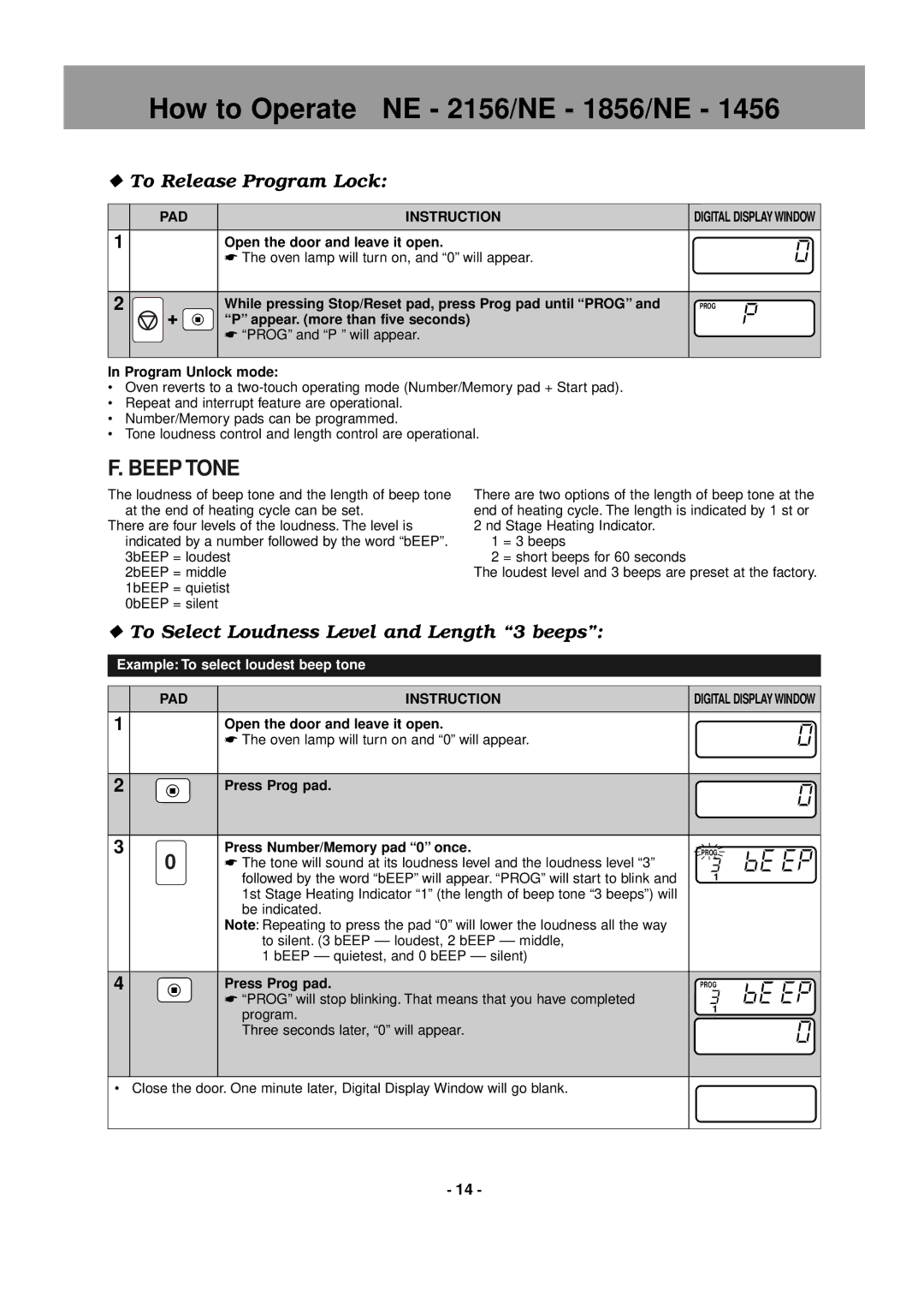 Panasonic NE-1856, NE-1846, NE-2146, NE-2156 Beep Tone, To Release Program Lock, To Select Loudness Level and Length 3 beeps 