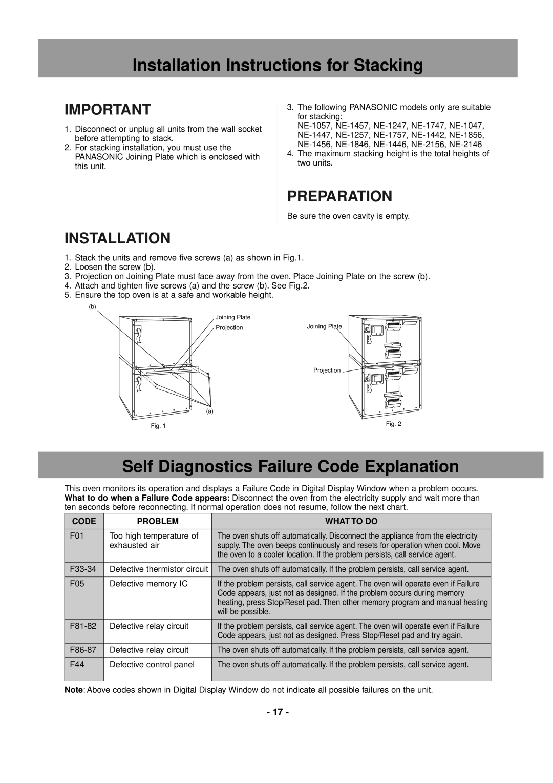 Panasonic NE-2156, NE-1856 Installation Instructions for Stacking, Self Diagnostics Failure Code Explanation, Preparation 