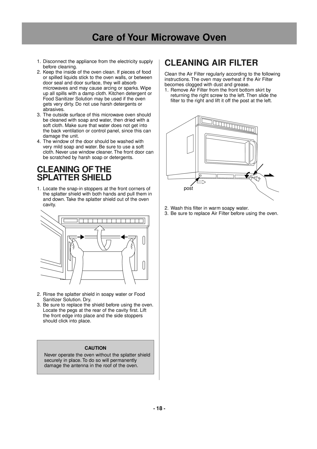 Panasonic NE-1456, NE-1856, NE-1846, NE-2146 Care of Your Microwave Oven, Cleaning Splatter Shield, Cleaning AIR Filter 