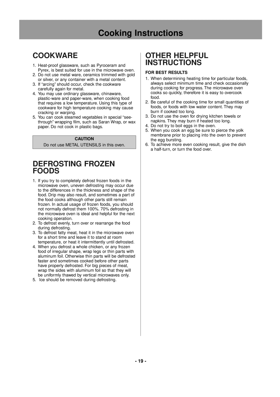 Panasonic NE-1856 Cooking Instructions, Cookware, Defrosting Frozen Foods, Other Helpful Instructions, For Best Results 