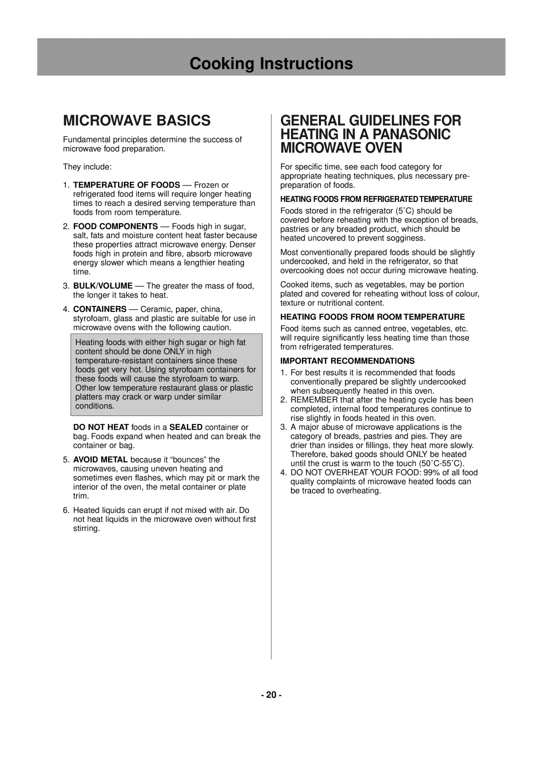 Panasonic NE-1846 Microwave Basics, Heating Foods from Refrigerated Temperature, Heating Foods from Room Temperature 