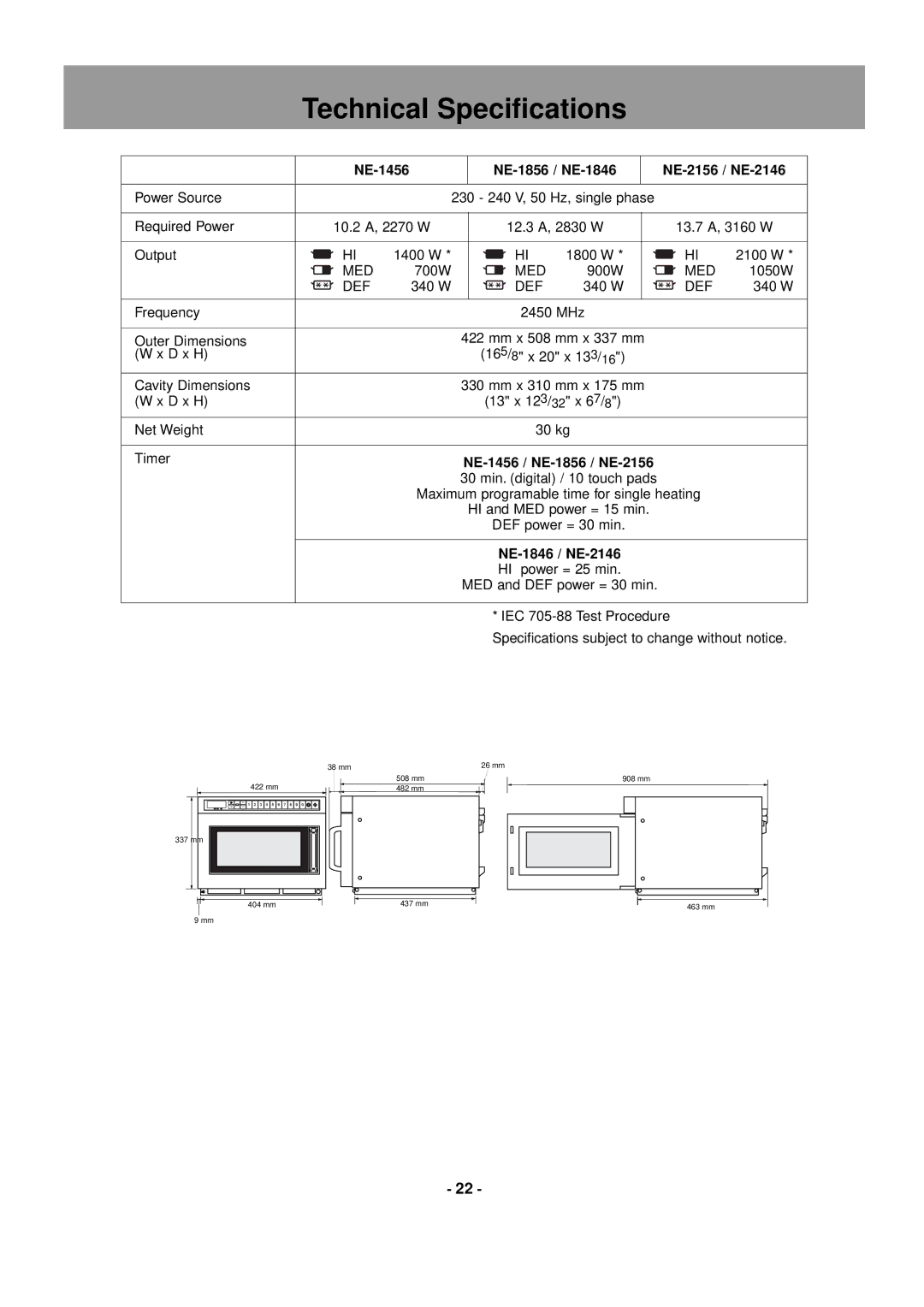 Panasonic Technical Specifications, NE-1456 NE-1856 / NE-1846 NE-2156 / NE-2146, NE-1456 / NE-1856 / NE-2156 