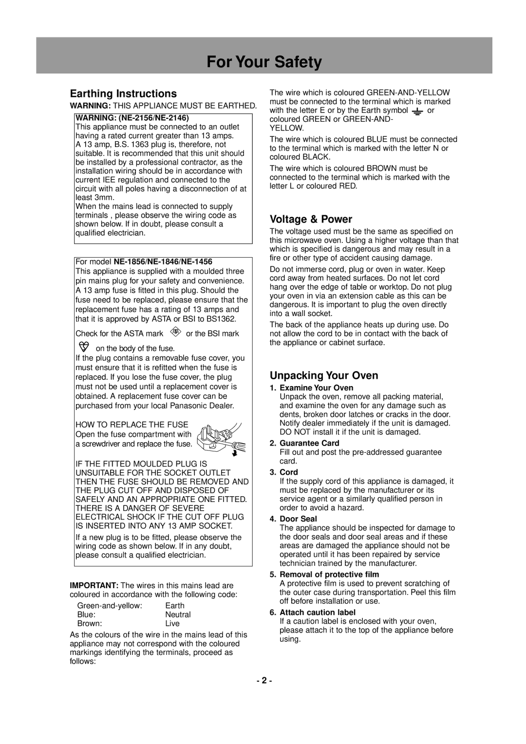 Panasonic NE-2156, NE-1856, NE-1846, NE-2146, NE-1456 operating instructions For Your Safety 