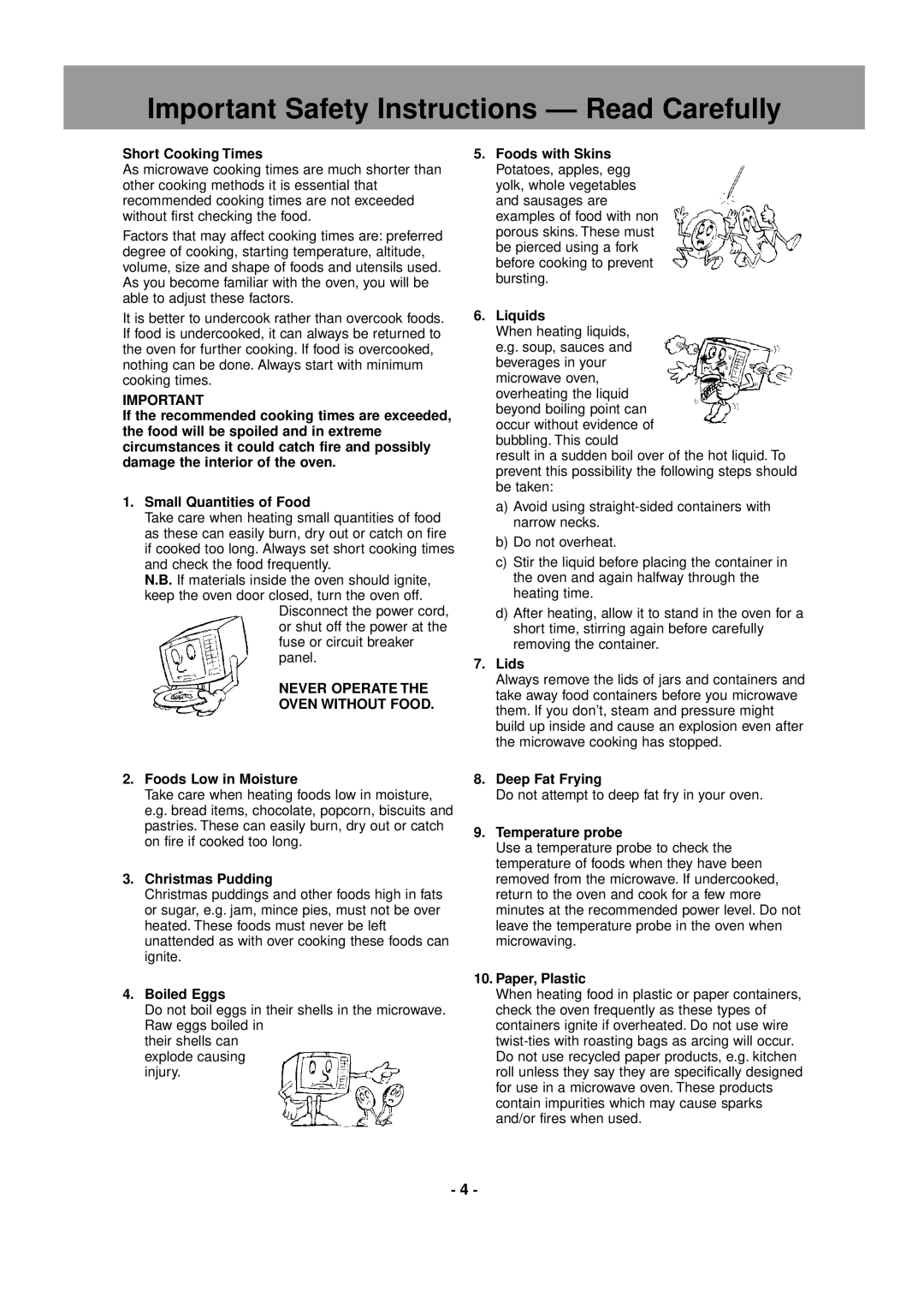 Panasonic NE-1856, NE-1846, NE-2146 Important Safety Instructions -- Read Carefully, Never Operate Oven Without Food 