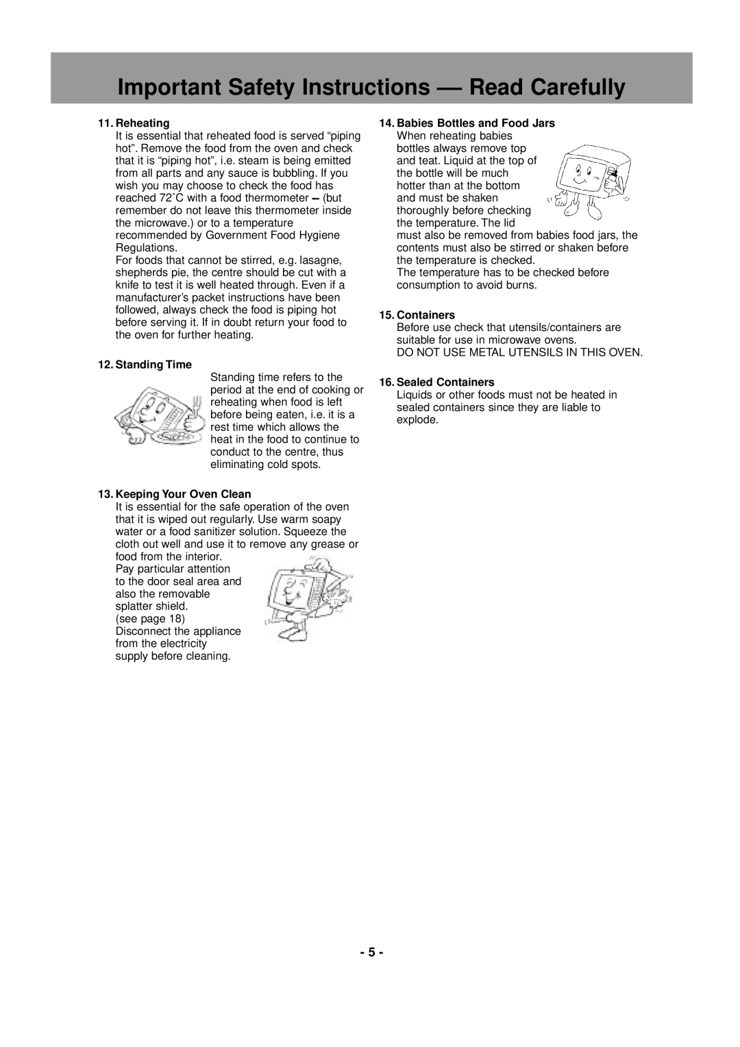 Panasonic NE-1846, NE-1856, NE-2146, NE-2156 Reheating, Standing Time, Keeping Your Oven Clean, Sealed Containers 