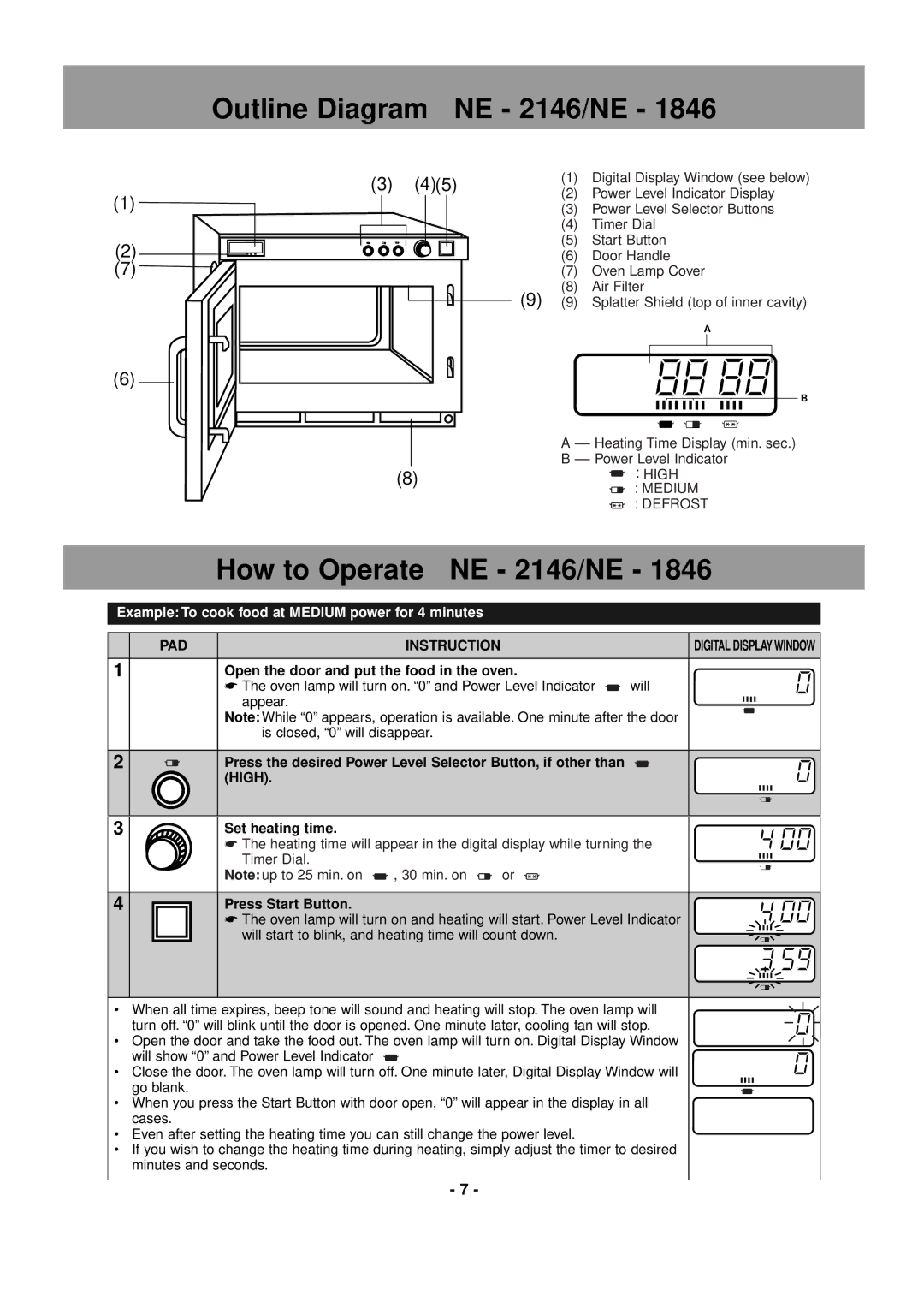 Panasonic NE-2156, NE-1856 Outline Diagram NE 2146/NE, How to Operate NE 2146/NE, PAD Instruction, Press Start Button 