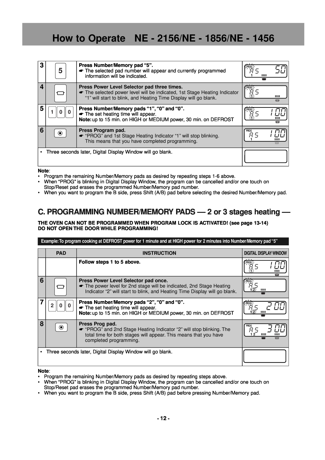 Panasonic NE-2156 C. PROGRAMMING NUMBER/MEMORY PADS -- 2 or 3 stages heating, How to Operate NE - 2156/NE - 1856/NE, Prog 