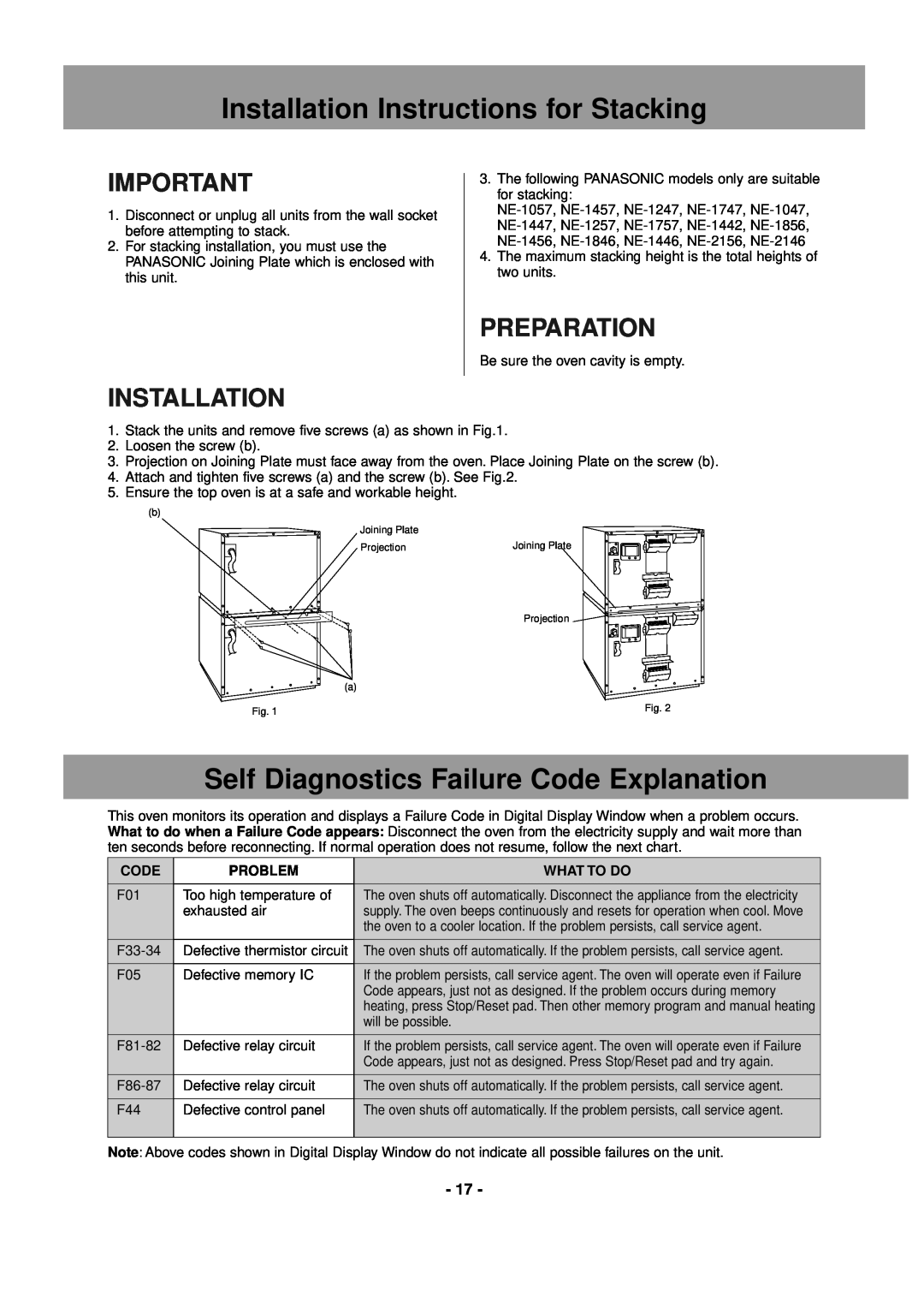 Panasonic NE-2156, NE-1856 Installation Instructions for Stacking, Self Diagnostics Failure Code Explanation, Preparation 