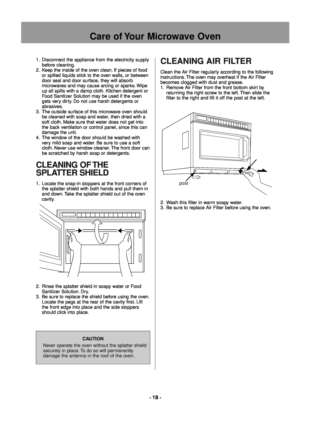 Panasonic NE-1456, NE-1856, NE-1846 Care of Your Microwave Oven, Cleaning Of The Splatter Shield, Cleaning Air Filter 