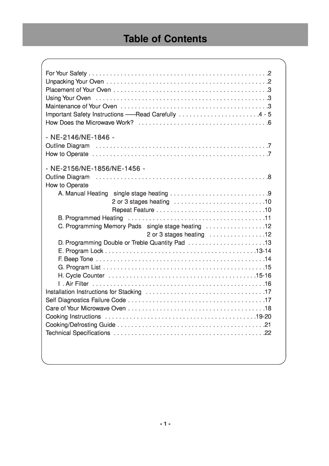 Panasonic operating instructions Table of Contents, NE-2146/NE-1846, NE-2156/NE-1856/NE-1456 