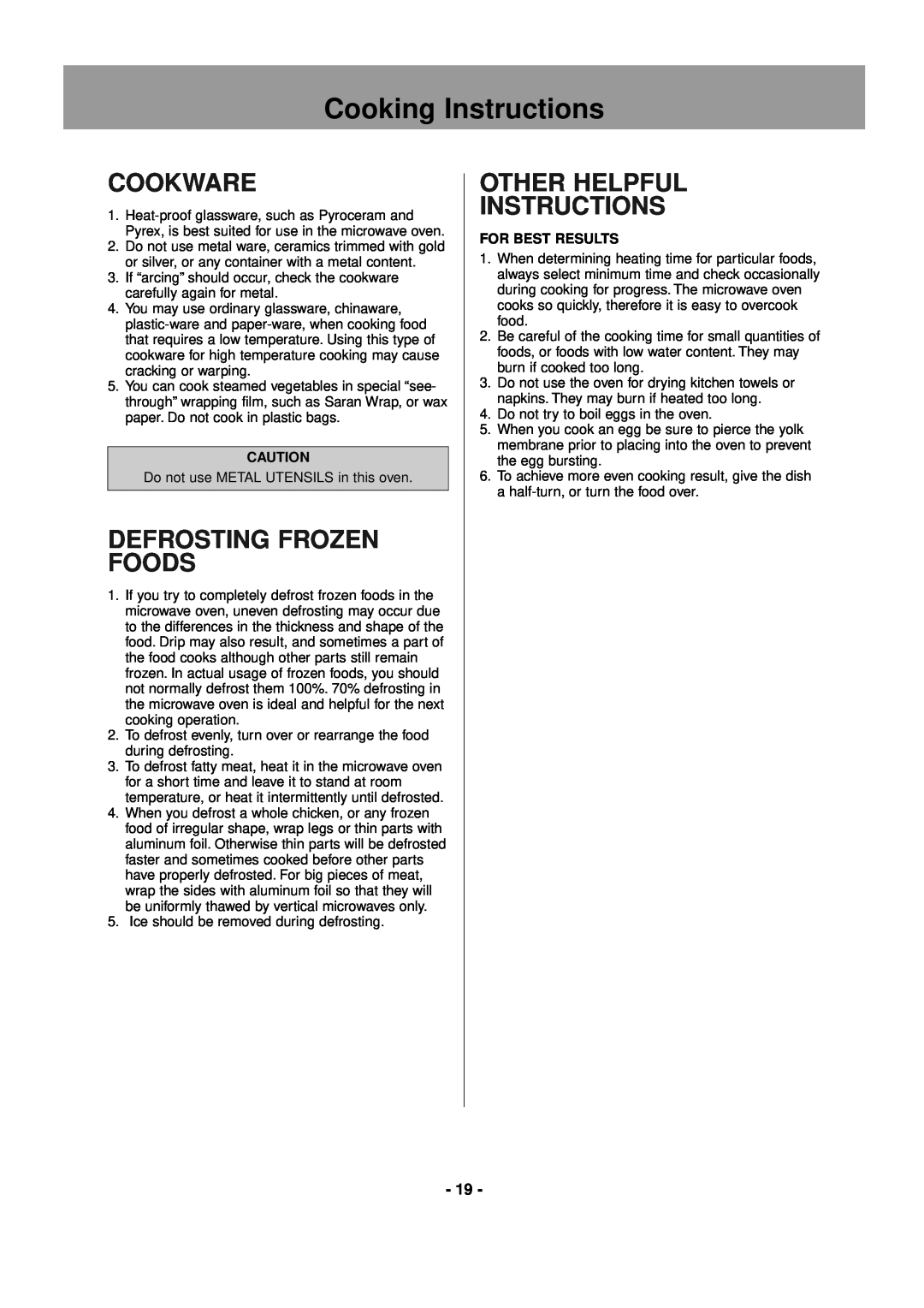 Panasonic NE-1856, NE-1846, NE-2146 Cooking Instructions, Cookware, Defrosting Frozen Foods, Other Helpful Instructions 