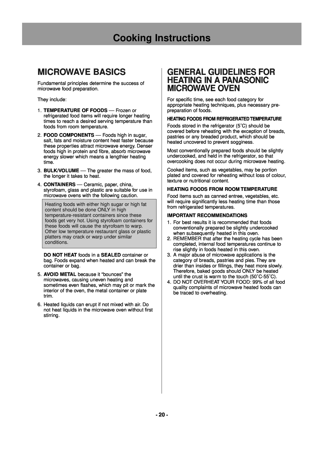 Panasonic NE-1846 Microwave Basics, Cooking Instructions, General Guidelines For Heating In A Panasonic Microwave Oven 