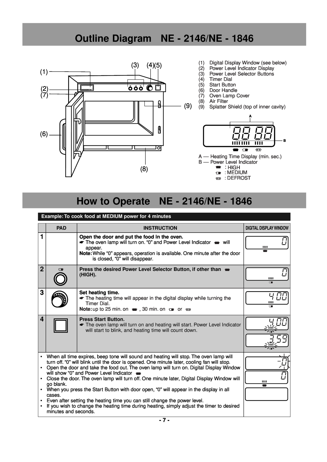 Panasonic NE-2156 Outline Diagram, How to Operate NE - 2146/NE, Instruction, Set heating time, Press Start Button 