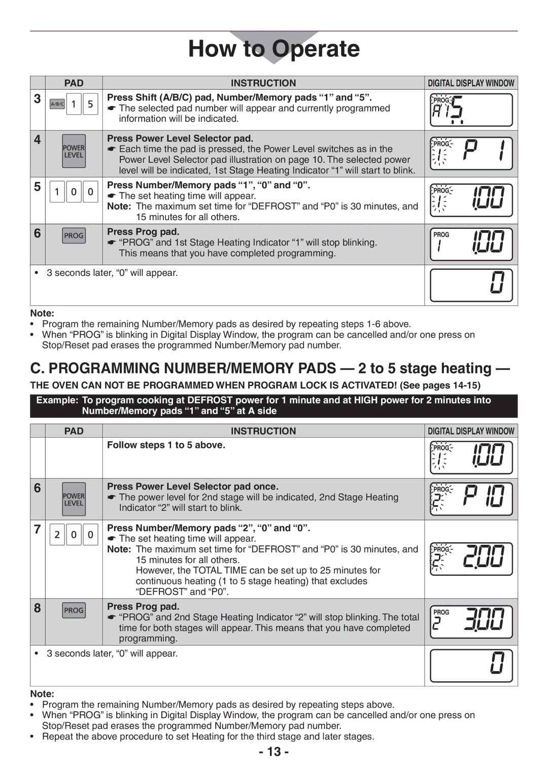 Panasonic NE-12523 Programming NUMBER/MEMORY Pads 2 to 5 stage heating, Press Shift A/B/C pad, Number/Memory pads 1 