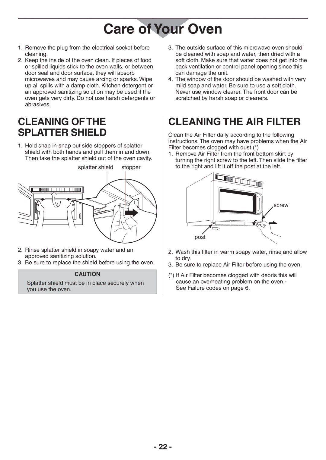 Panasonic NE-21521, NE-21523, NE-17521, NE-17723 Care of Your Oven, Cleaning Splatter Shield, Cleaning the AIR Filter 