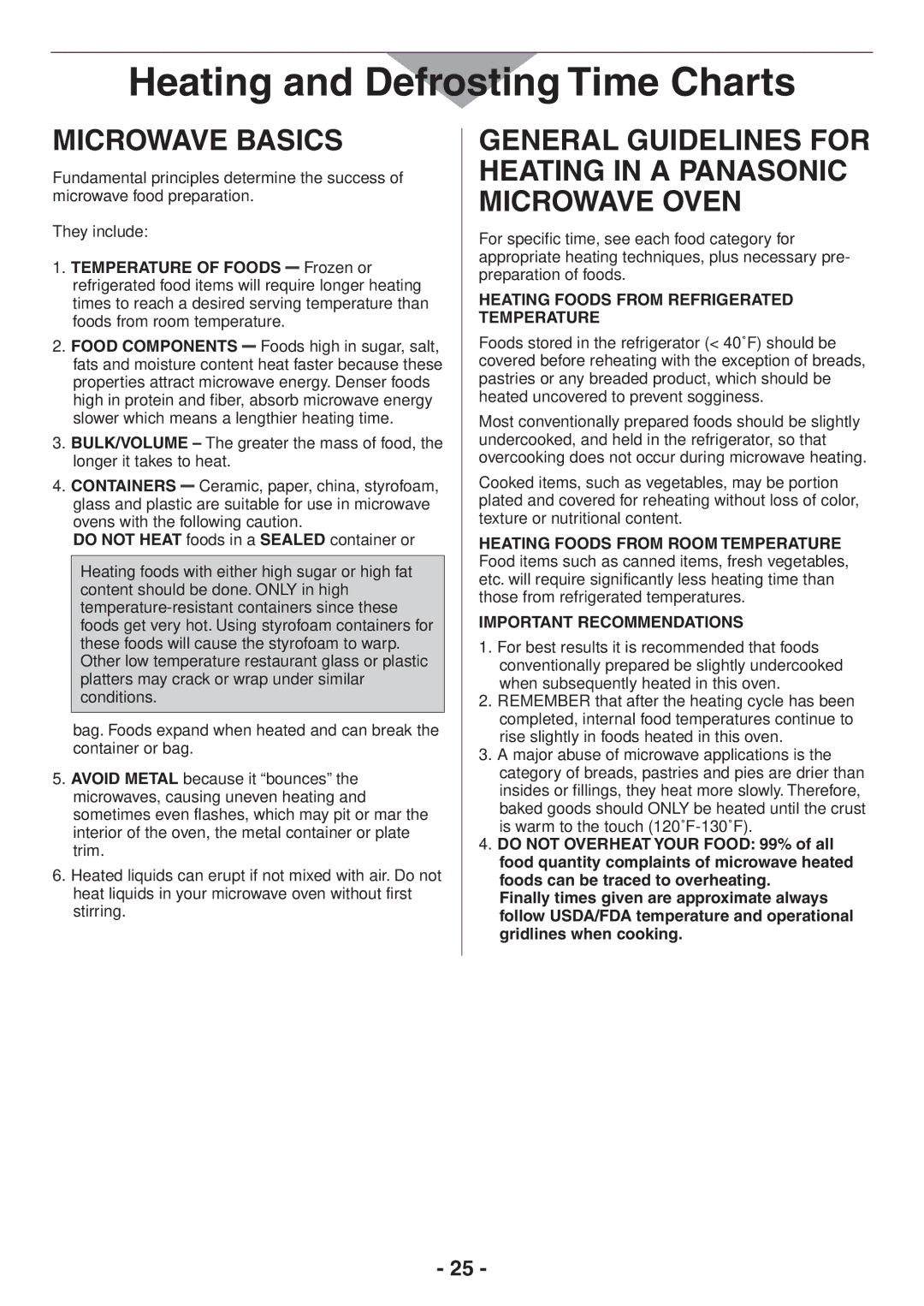 Panasonic NE-17523, NE-21523, NE-21521 Microwave Basics, General Guidelines for Heating in a Panasonic Microwave Oven 