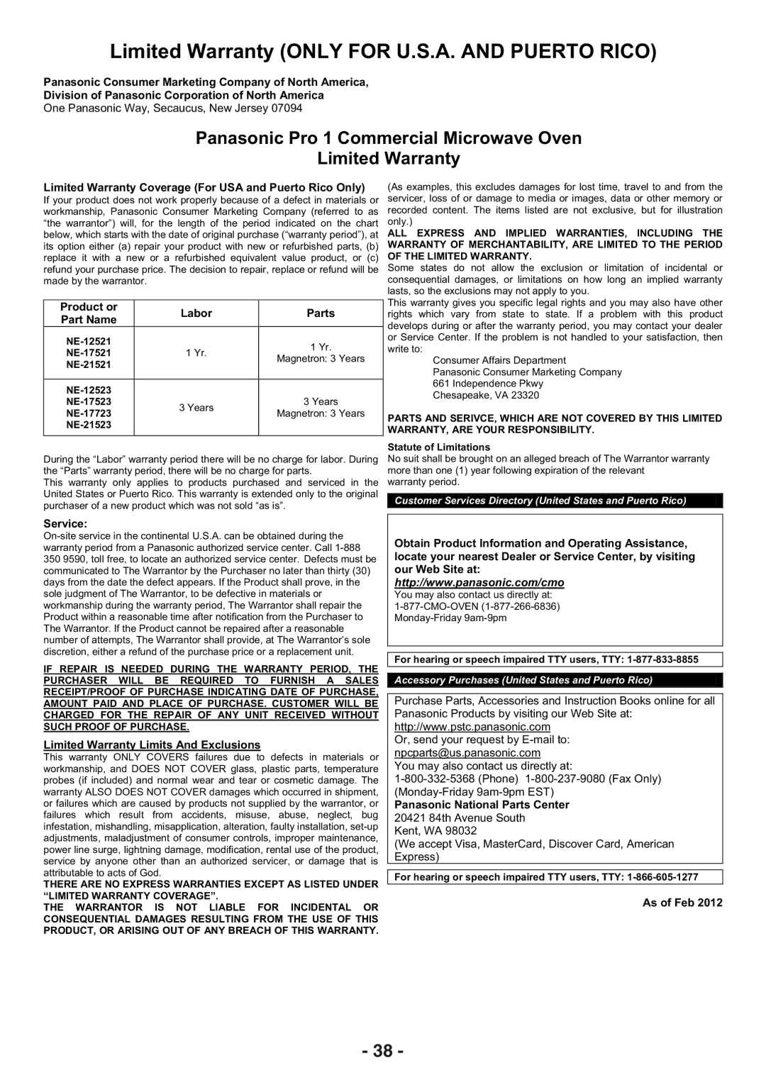 Panasonic NE-17723, NE-21523, NE-21521, NE-17521, NE-17523, NE-12521, NE-12523 Limited Warranty only for U.S.A. and Puerto Rico 