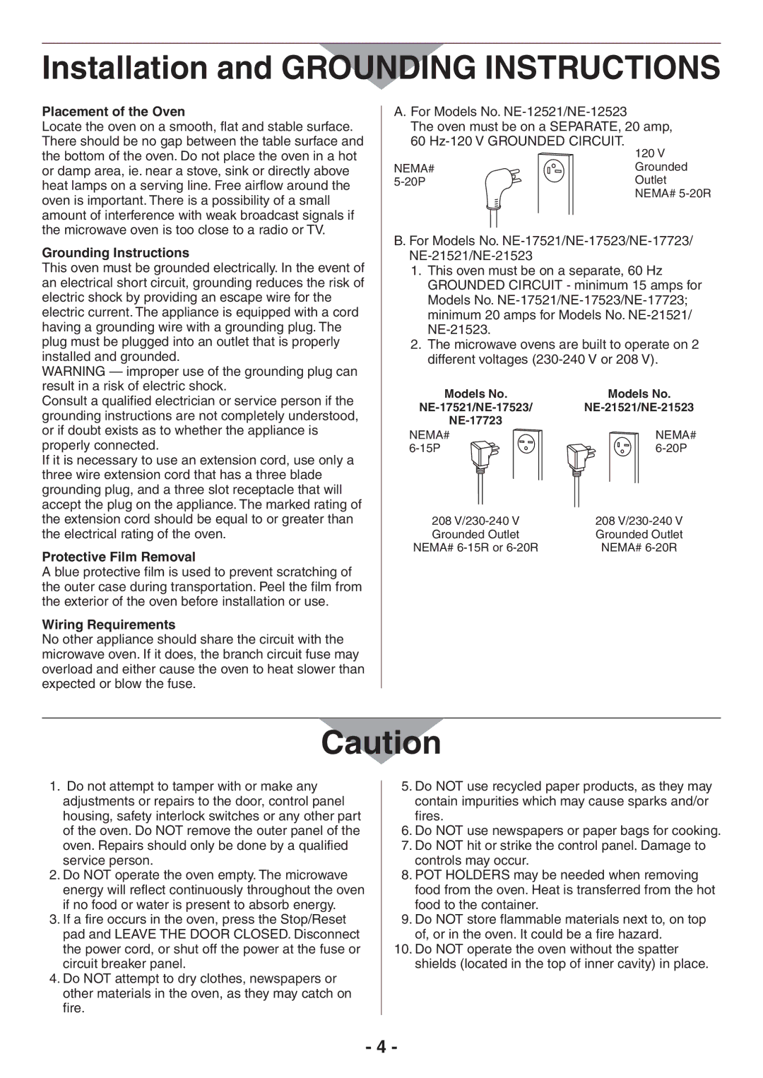 Panasonic NE-17523, NE-21523 Installation and Grounding Instructions, Placement of the Oven, Protective Film Removal 