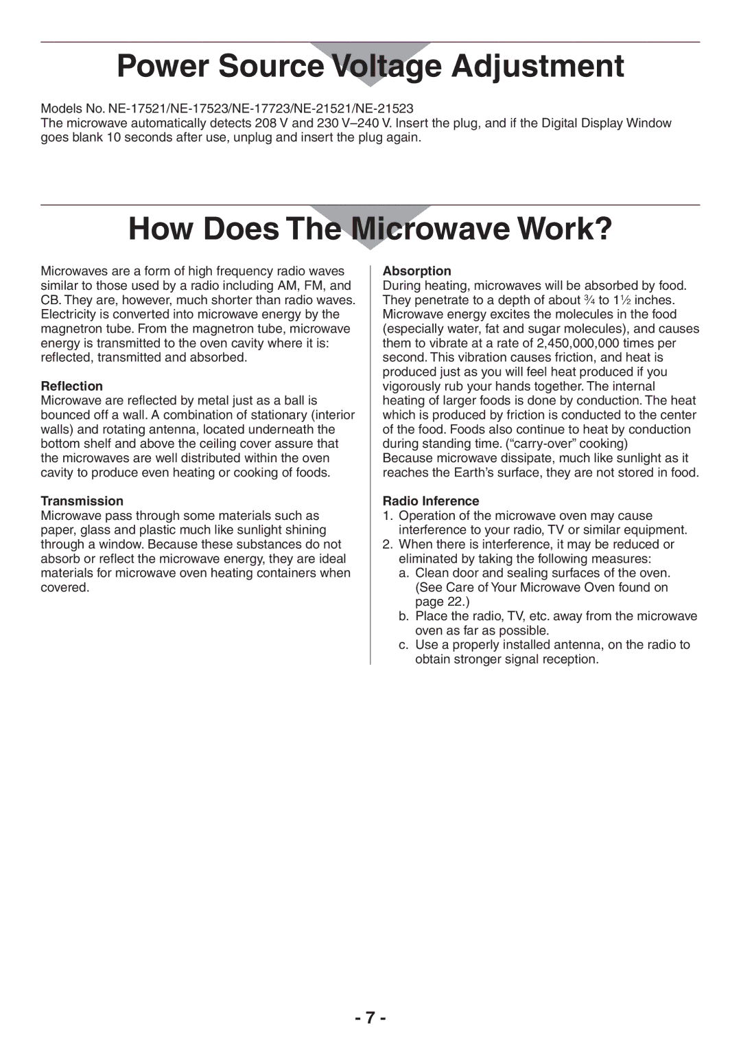 Panasonic NE-21523, NE-21521, NE-17521, NE-17723, NE-17523 Power Source Voltage Adjustment, How Does The Microwave Work? 