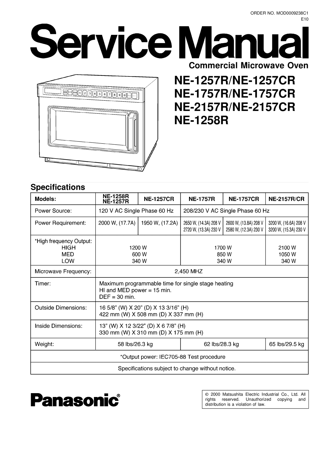 Panasonic NE-1757CR, NE-2157CR, NE-1257CR manual Commercial Microwave Oven 