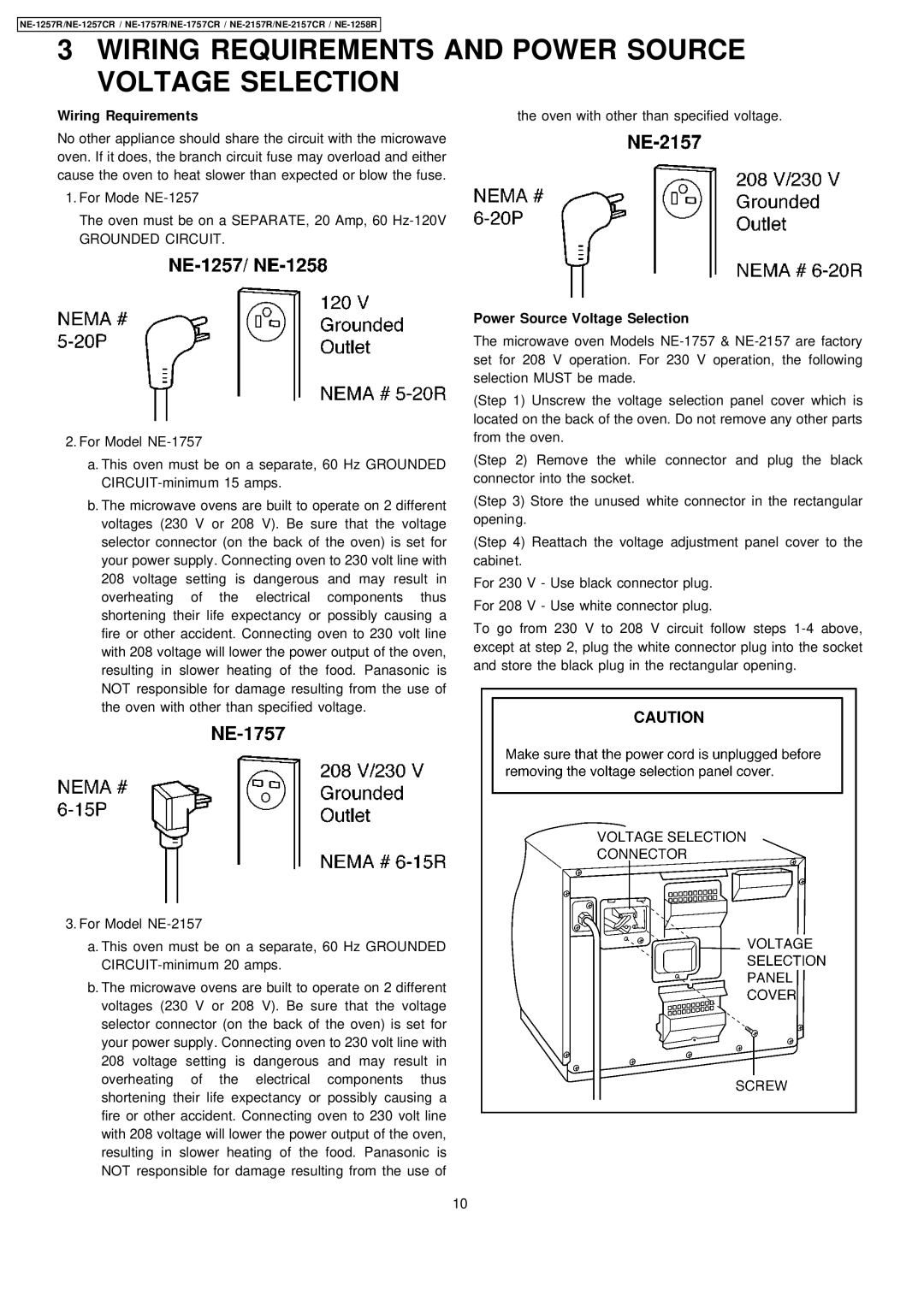 Panasonic NE-1757CR, NE-2157CR, NE-1257CR manual Wiring Requirements and Power Source Voltage Selection 