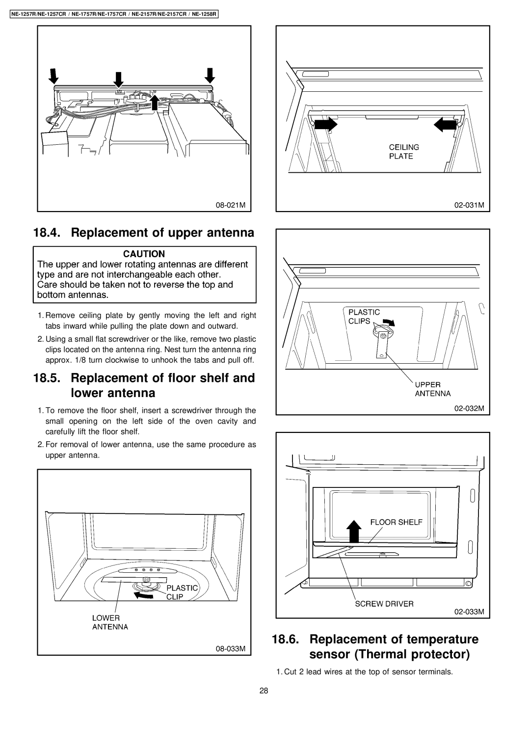 Panasonic NE-1757CR, NE-2157CR, NE-1257CR manual Replacement of upper antenna, Replacement of floor shelf and lower antenna 