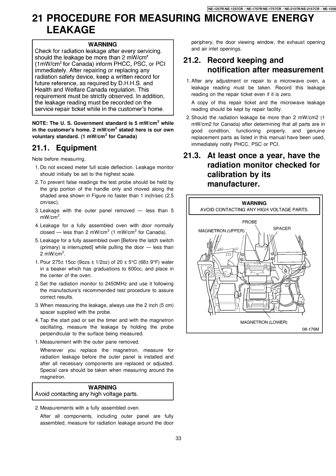 Panasonic NE-2157CR, NE-1757CR, NE-1257CR manual Procedure for Measuring Microwave Energy Leakage, Equipment 