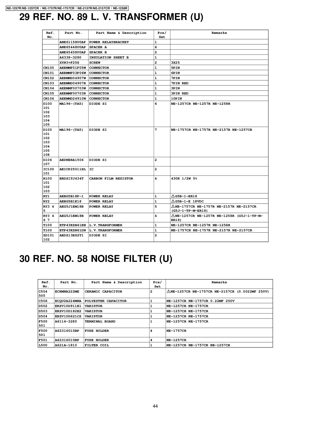 Panasonic NE-1257CR, NE-2157CR, NE-1757CR manual 29 REF. no L. V. Transformer U, 30 REF. no Noise Filter U 