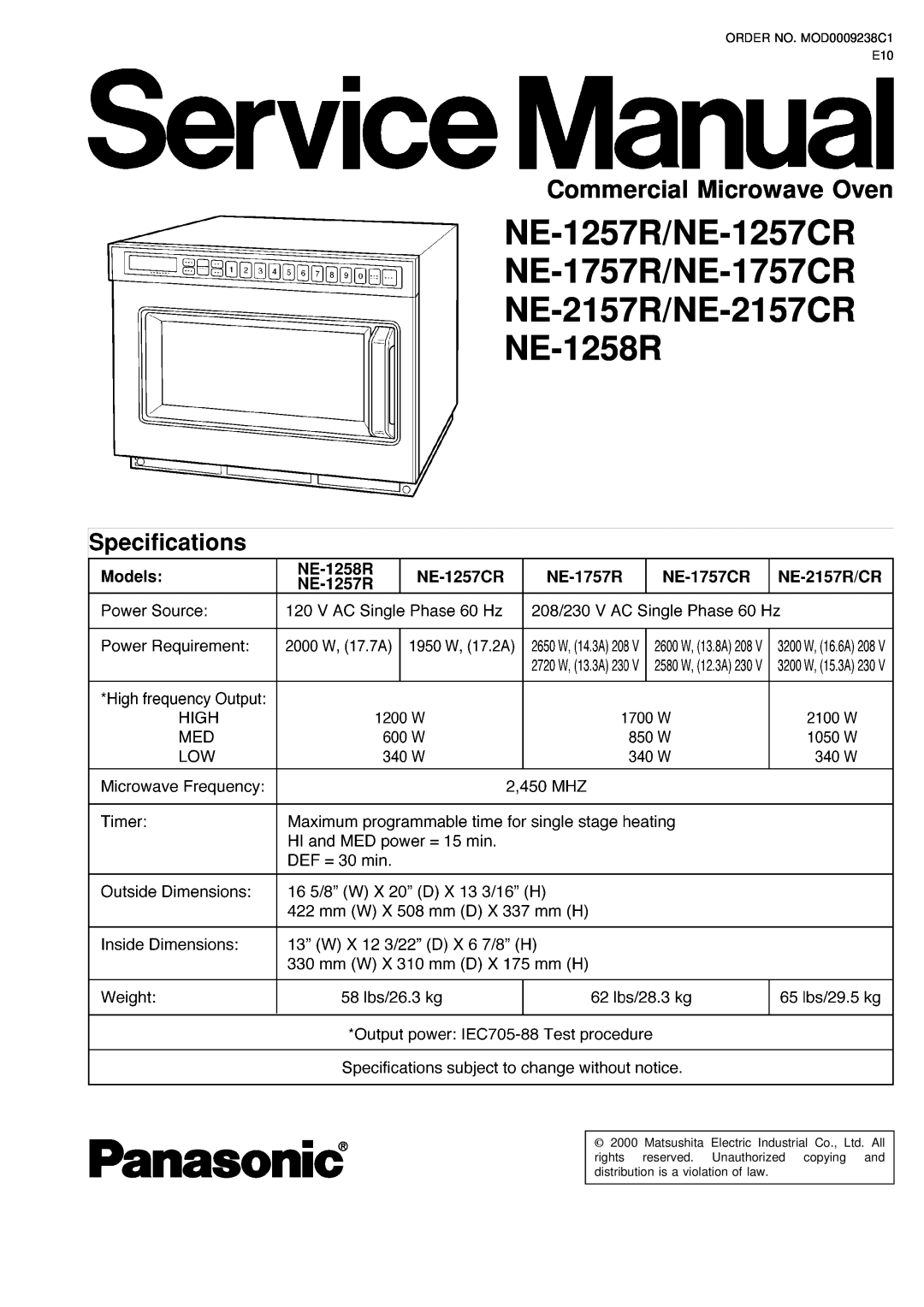 Panasonic NE-1757CR, NE-2157CR, NE-1257CR manual Commercial Microwave Oven, ORDER NO. MOD0009238C1 E10 