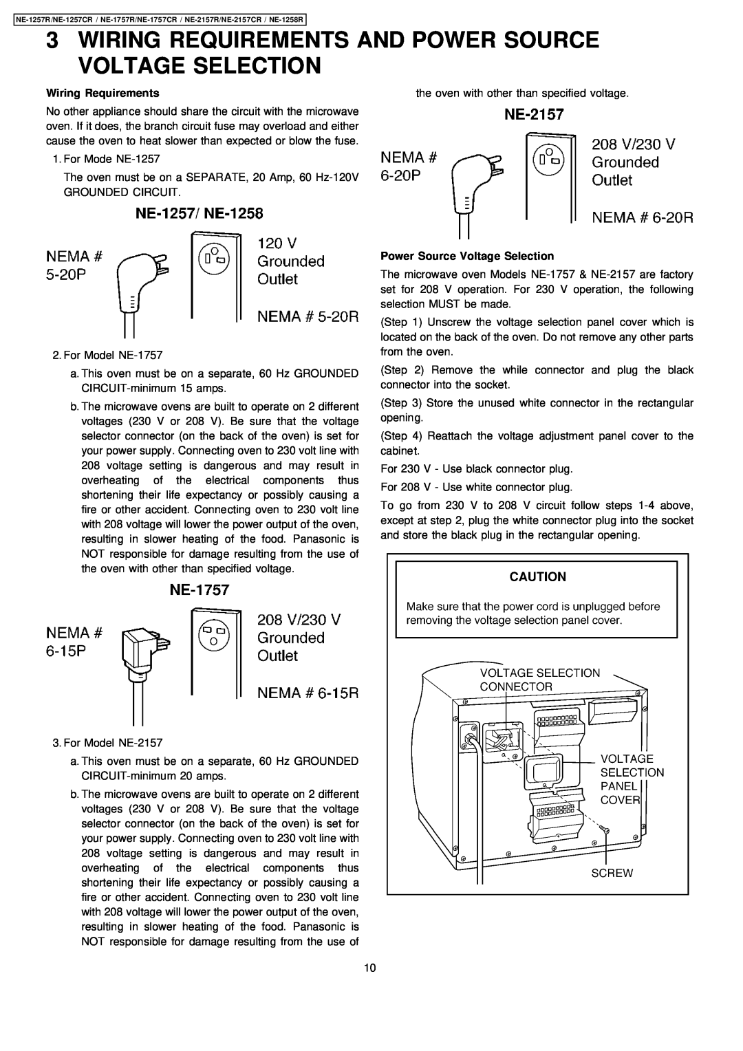 Panasonic NE-1757CR, NE-2157CR, NE-1257CR manual Wiring Requirements, Power Source Voltage Selection 
