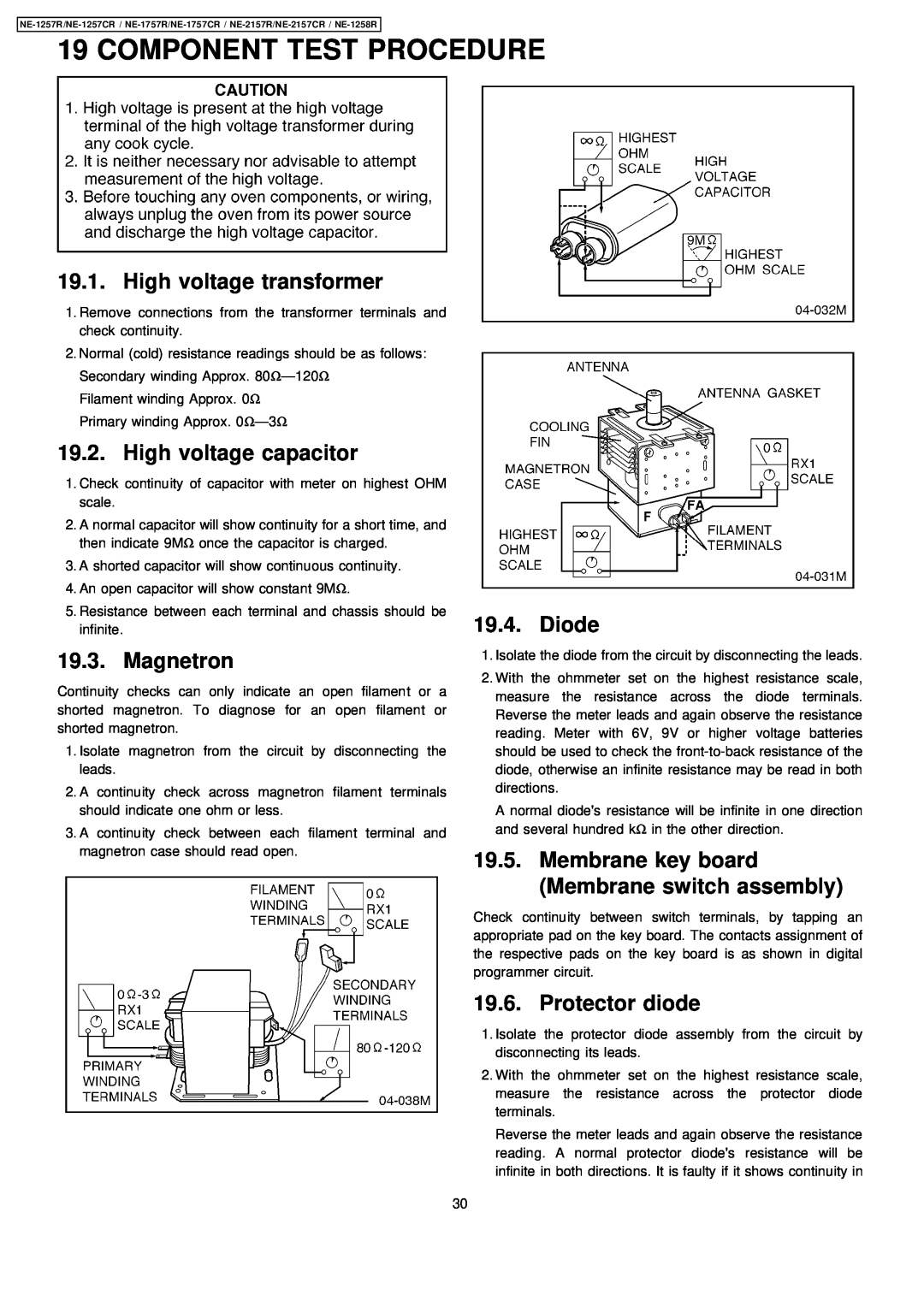 Panasonic NE-2157CR manual Component Test Procedure, High voltage transformer, High voltage capacitor, Magnetron, Diode 