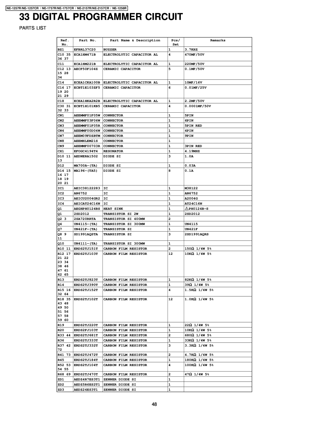 Panasonic NE-2157CR, NE-1757CR, NE-1257CR manual Digital Programmer Circuit, Parts List 