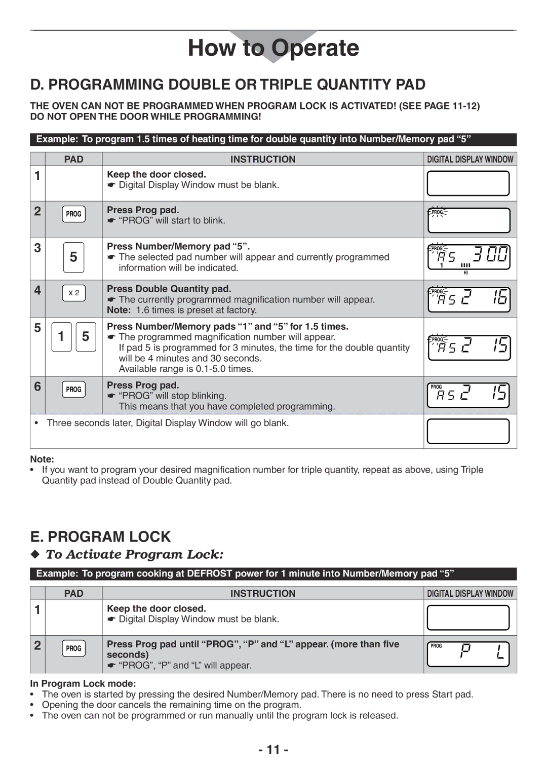 Panasonic NE-1258R, NE-2157R, NE-1757R, NE-1257R manual Programming Double or Triple Quantity PAD, Program Lock 