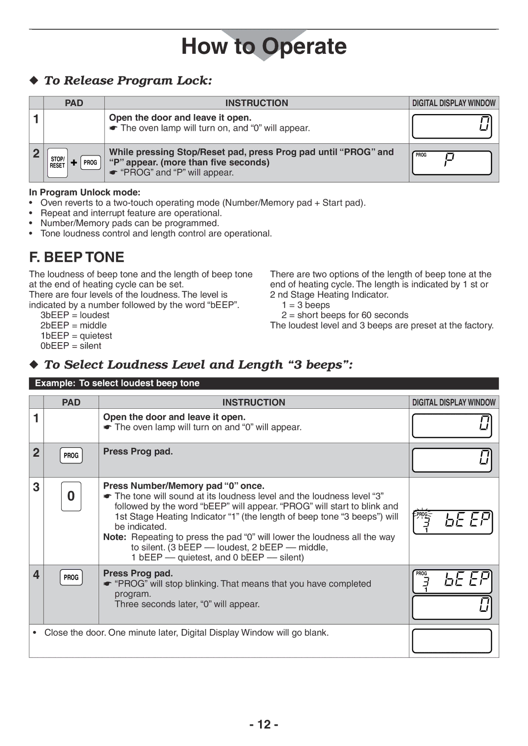 Panasonic NE-2157R Beep Tone, While pressing Stop/Reset pad, press Prog pad until Prog, Open the door and leave it open 