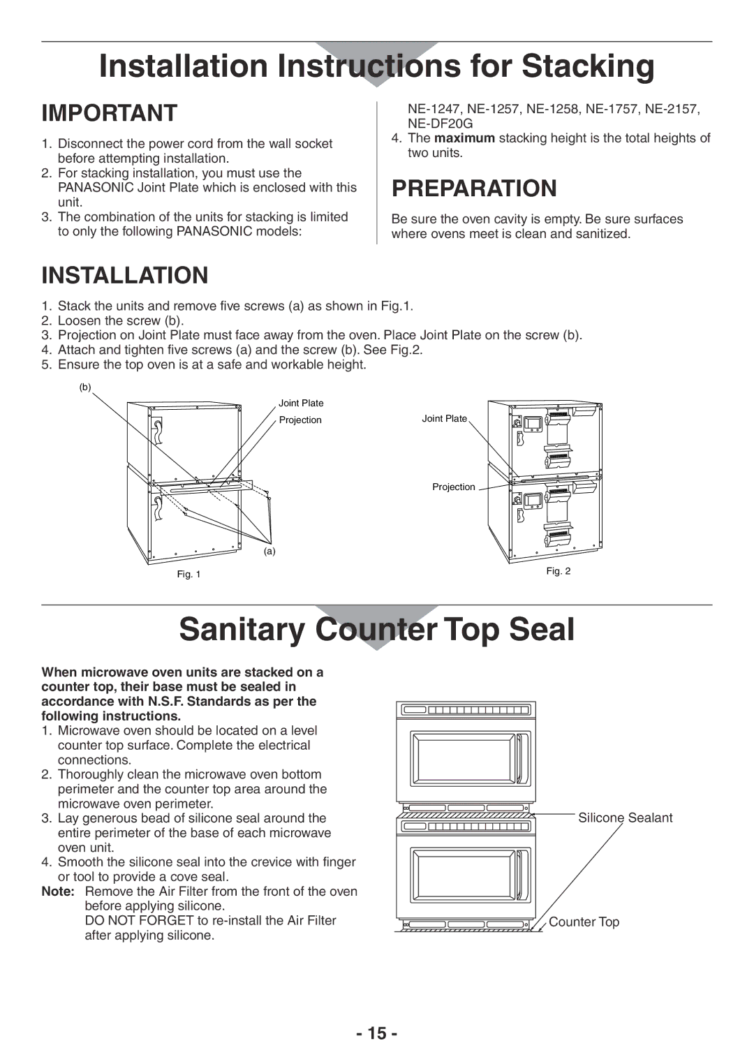 Panasonic NE-1258R, NE-2157R, NE-1757R manual Installation Instructions for Stacking, Sanitary Counter Top Seal, Preparation 