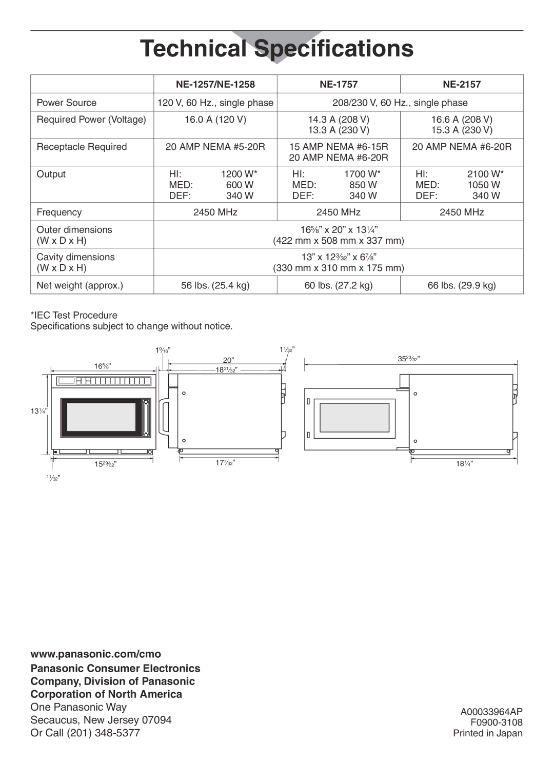 Panasonic NE-2157R, NE-1757R, NE-1257R Technical Specifications, NE-1257/NE-1258 NE-1757 NE-2157, A00033964AP, F0900-3108 