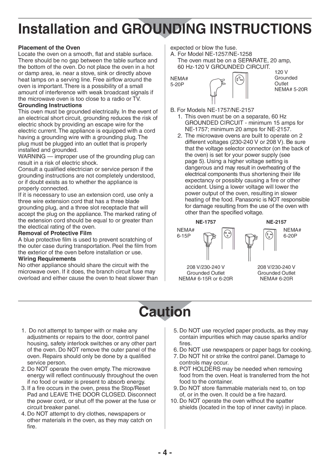 Panasonic NE-2157R, NE-1757R Installation and Grounding Instructions, Placement of the Oven, Removal of Protective Film 