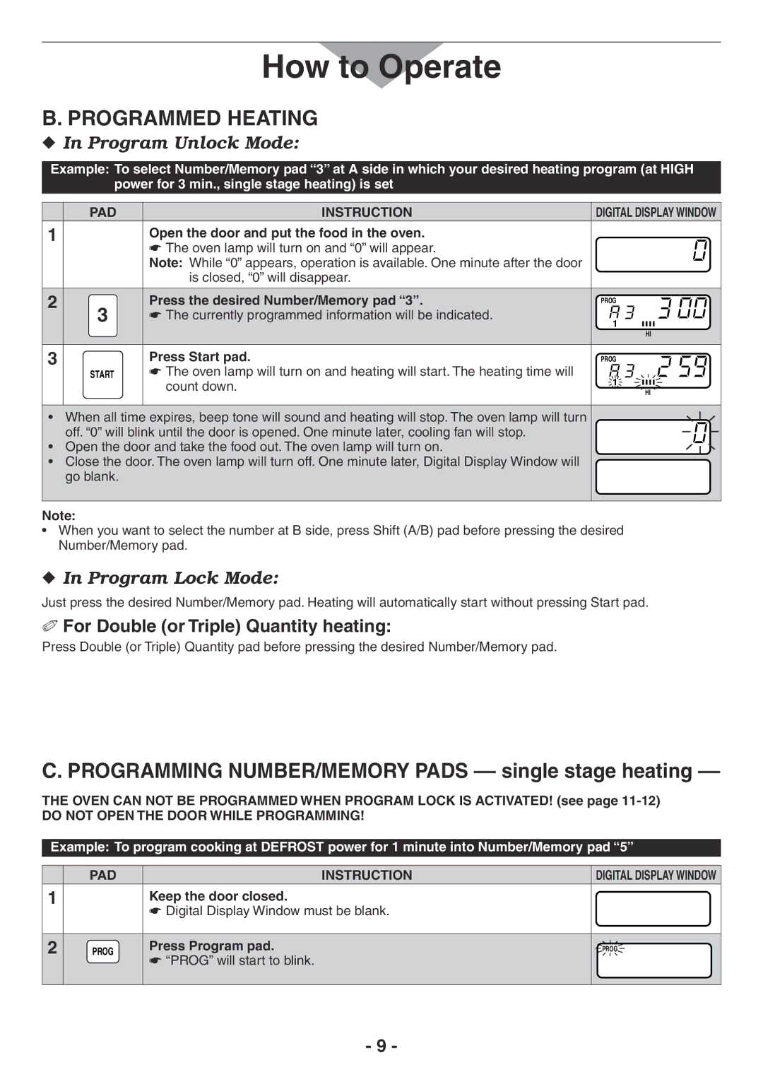 Panasonic NE-1757R manual Programmed Heating, Press the desired Number/Memory pad, Keep the door closed, Press Program pad 