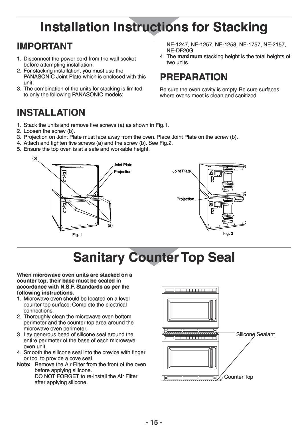 Panasonic NE-1258R, NE-2157R Installation Instructions for Stacking, Sanitary Counter Top Seal, preparation, installation 