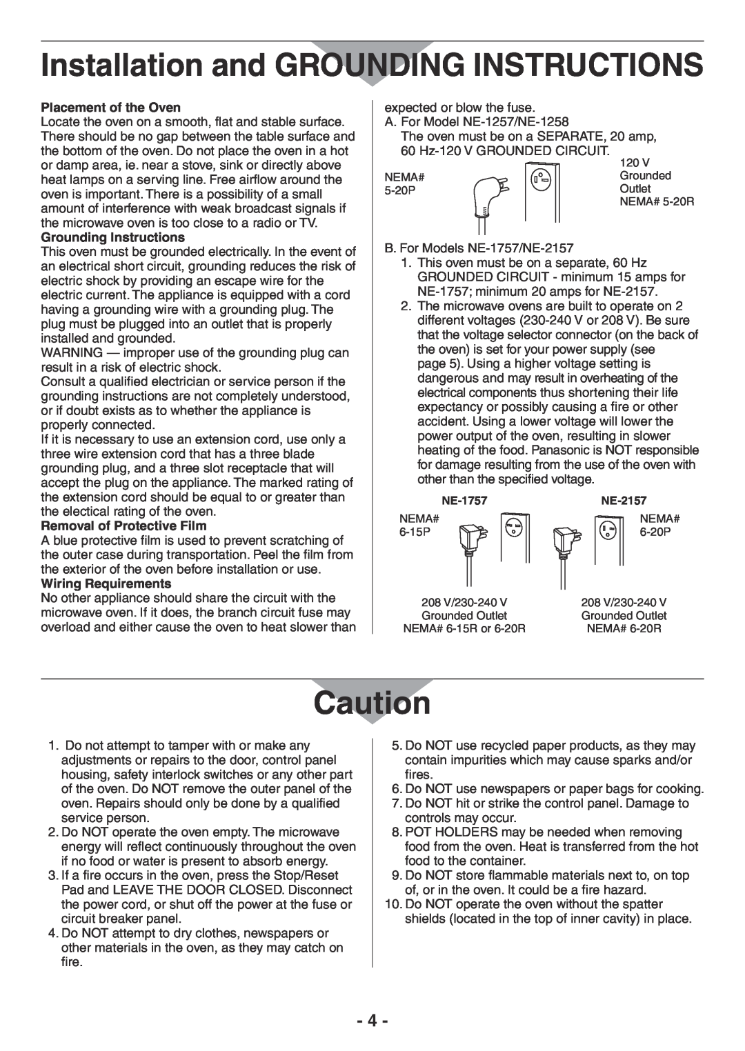 Panasonic NE-2157R, NE-1757R manual Installation and GROUNDING INSTRUCTIONS, Placement of the Oven, Grounding Instructions 