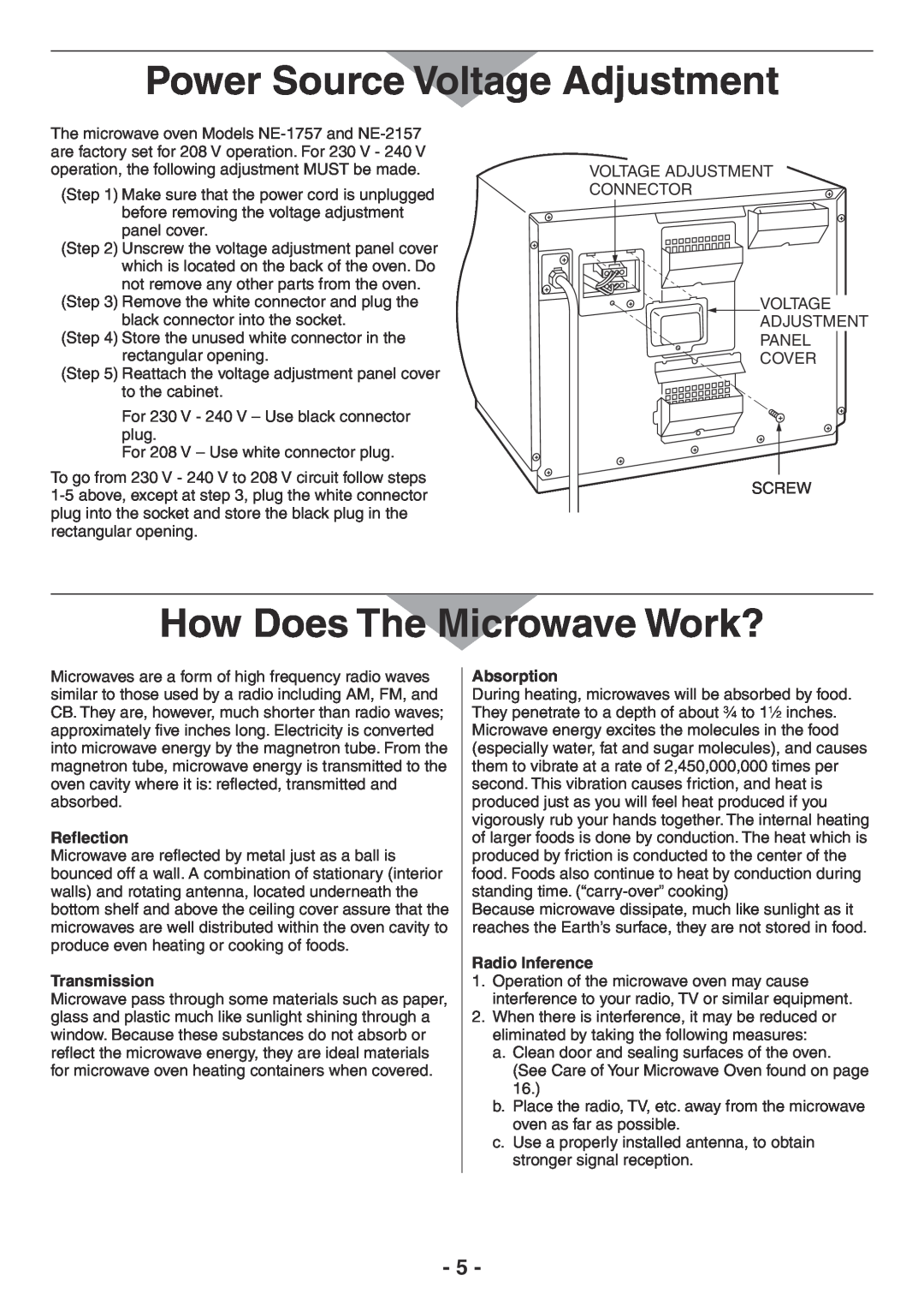 Panasonic NE-1757R Power Source Voltage Adjustment, How Does The Microwave Work?, Reflection, Transmission, Absorption 