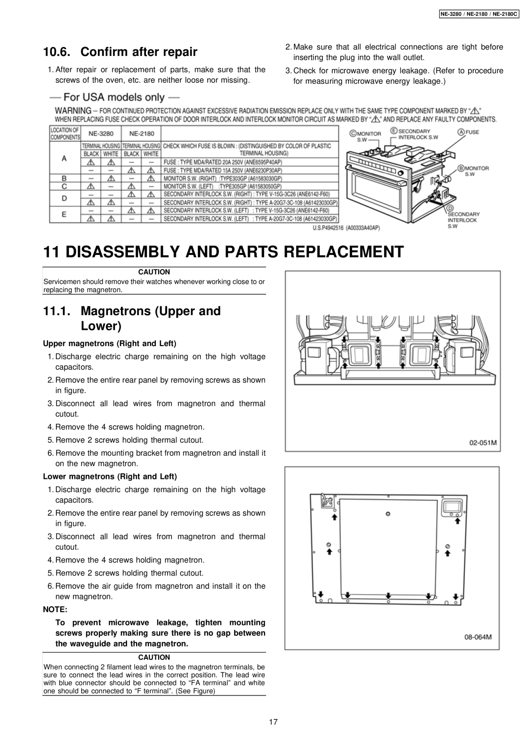 Panasonic NE-2180C, NE-3280 manual Disassembly and Parts Replacement, Confirm after repair, Magnetrons Upper and Lower 