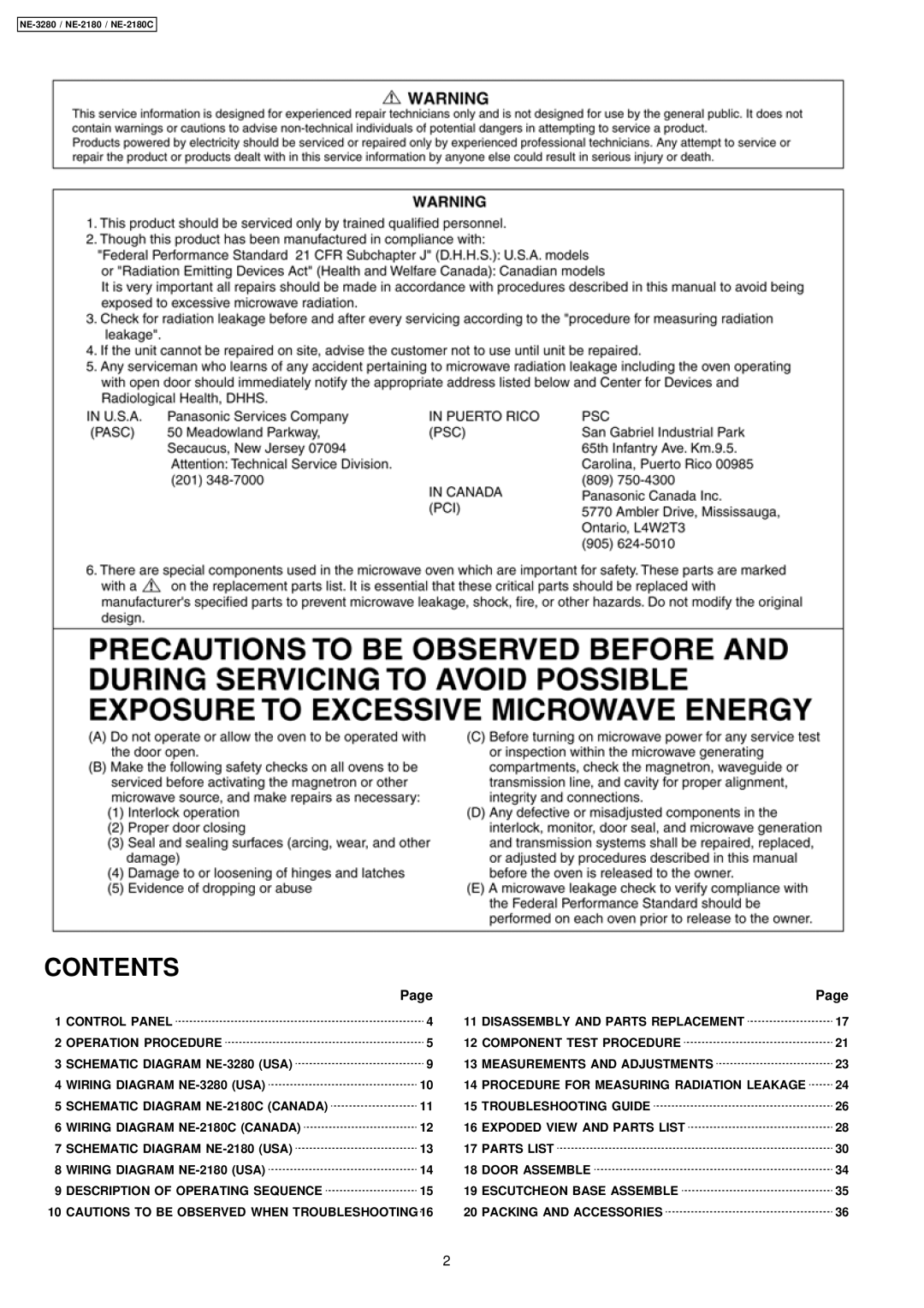 Panasonic NE-2180C, NE-3280 manual Contents 