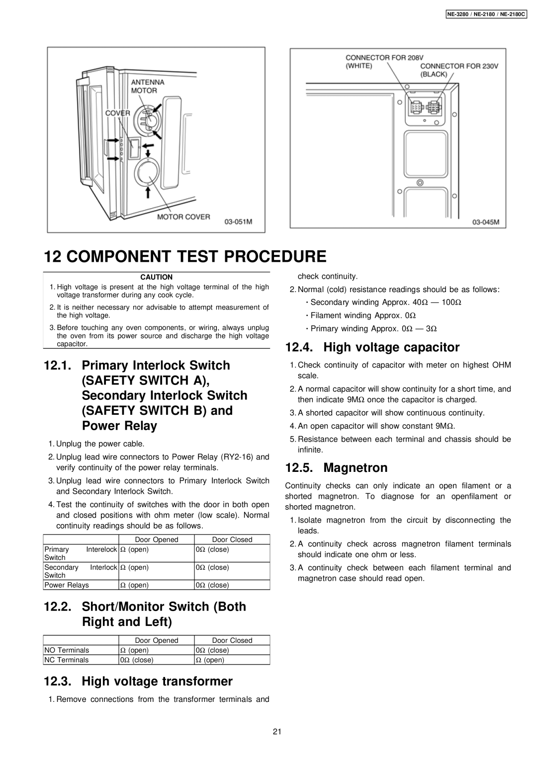 Panasonic NE-3280 Component Test Procedure, High voltage capacitor, Magnetron, Short/Monitor Switch Both Right and Left 