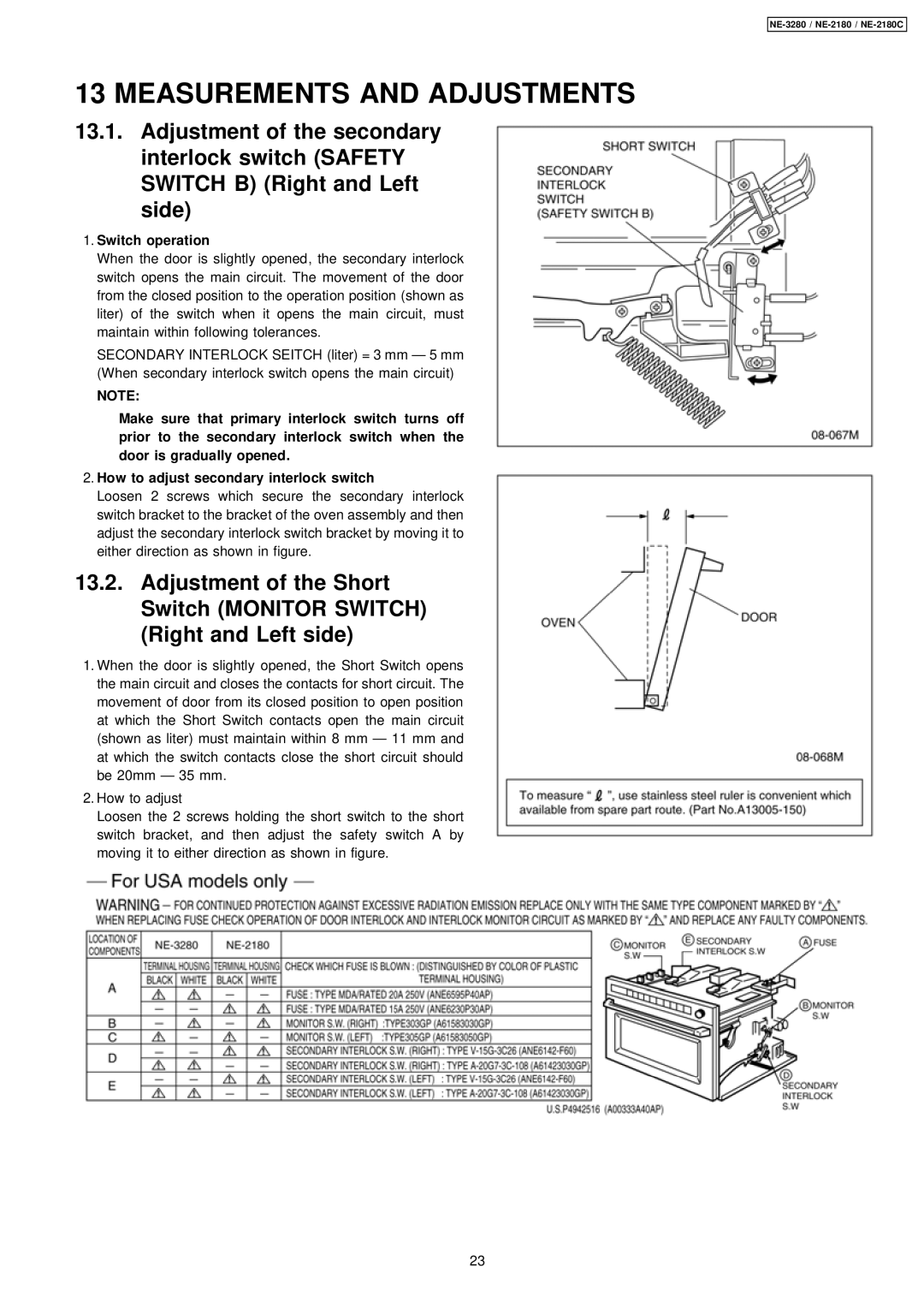 Panasonic NE-2180C, NE-3280 manual Measurements and Adjustments, Switch operation 